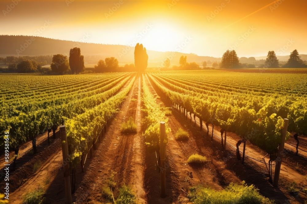 vineyard with rows of vines at sunset, surrounded by golden sun rays, created with generative ai