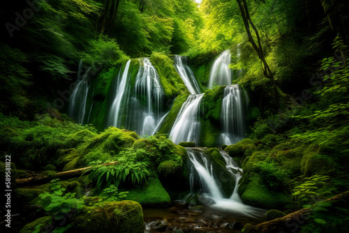 Waterfall in green forest. Generative Ai.