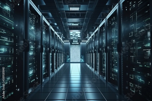 Server room of storage systems and connect of data on internet network business. Generative AI.