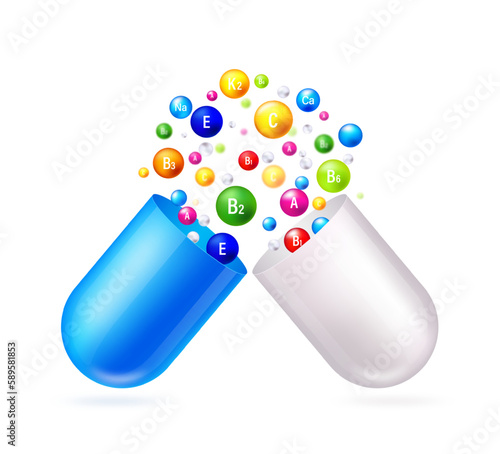 Open capsule pill with falling out colored molecules in realistic style isolated on transparent background