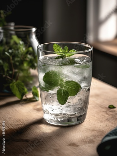 Glass of cold water with fresh mint leaves and ice cubes on blurred background. AI