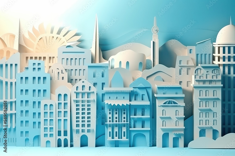 Paper cut of a Cityscape with houses, trees and mountains. Natural Environment, 3D illustration, Blue Color, Generative Ai