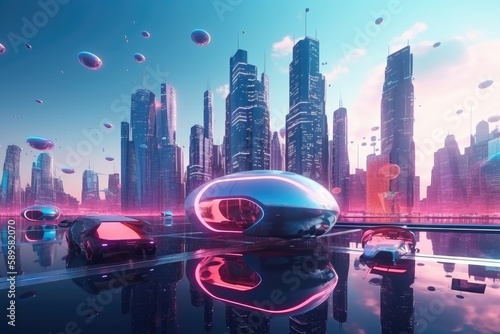 visionary and dreamlike scene of futuristic cityscape, with flying cars and holographic billboards, created with generative ai