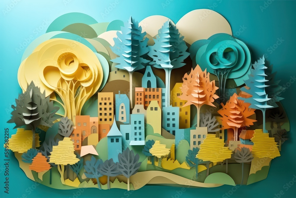 Paper cut of a fantasy landscape with houses, trees and mountains. Natural Environment, 3D illustration, Generative Ai