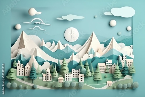 Paper cut of Snow landscape with houses, trees and mountains. Natural Environment, 3D illustration, Generative Ai