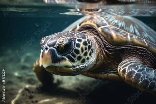 Cute Big turtle swimming under clear ocean. Generative AI