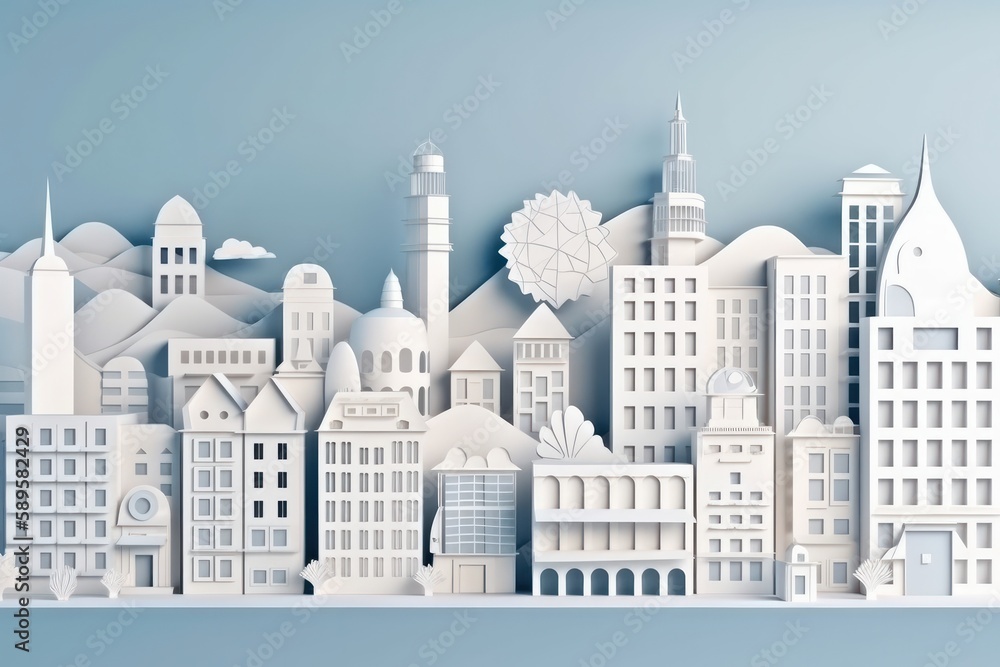 Paper cut of a Cityscape with houses, trees and mountains. Natural Environment, 3D illustration, Generative Ai