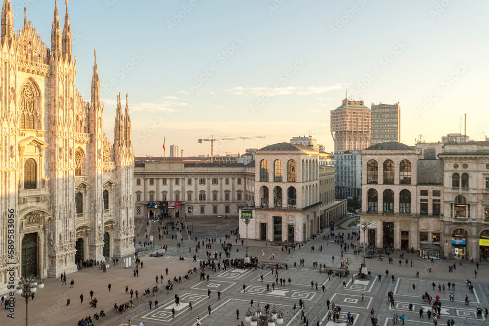 the Cathedral Square (Doumo) in Milan seen from the Galleria Vittorio Emanuele II