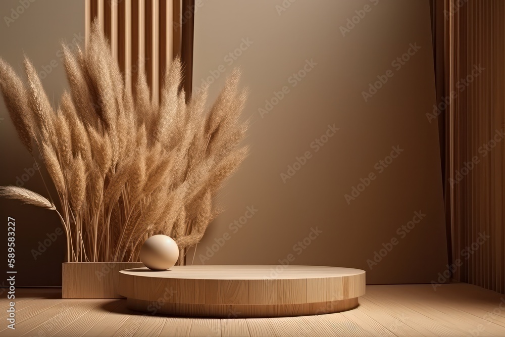 Pampas grass in vase on wooden podium. 3D rendering, Generative Ai