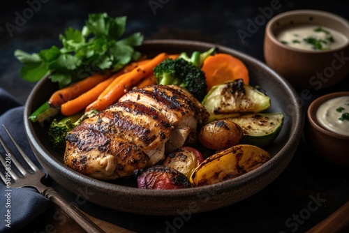 Marinated grilled healthy chicken breasts cooked on a summer BBQ and served with fresh herbs and vegetables, close up view. AI generated