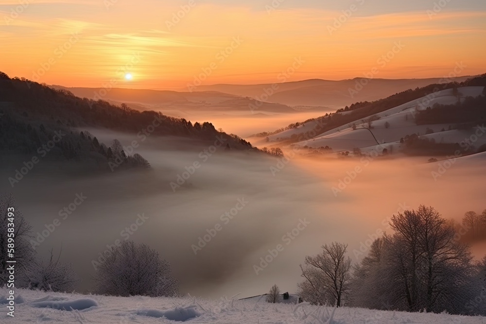 sunrise mist hilly snow. generative ai