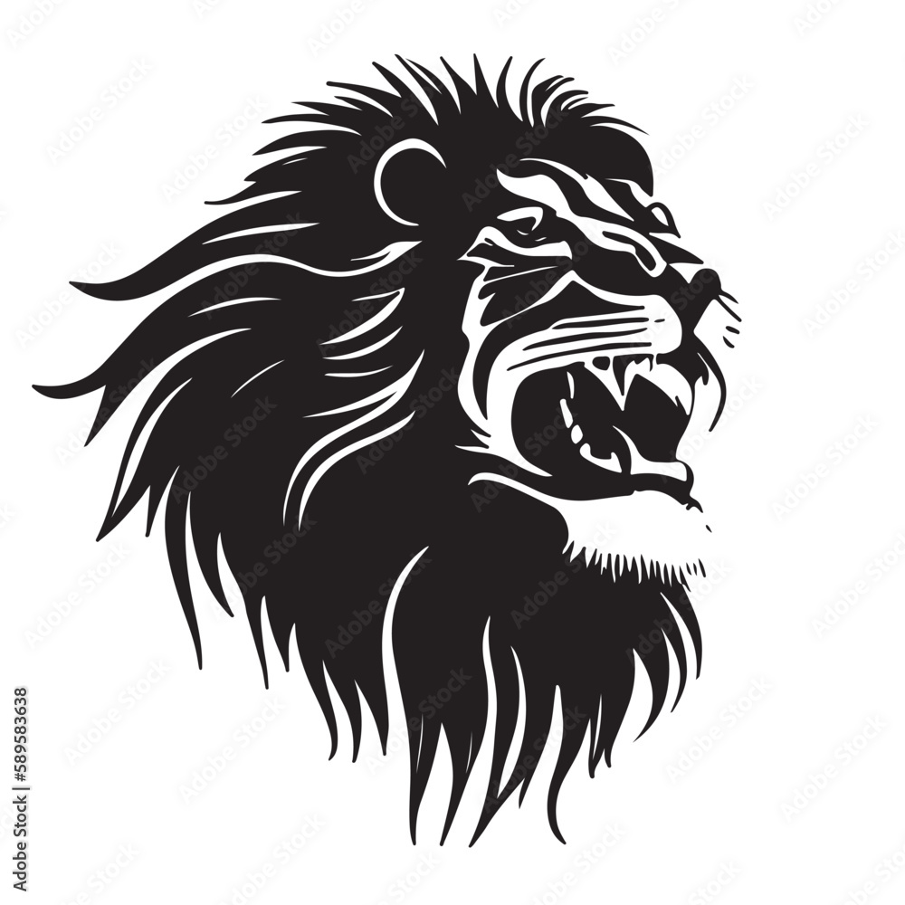 Lions head sketch closeup. Also good for tattoo and logo. Editable vector monochrome image with high details isolated on white background