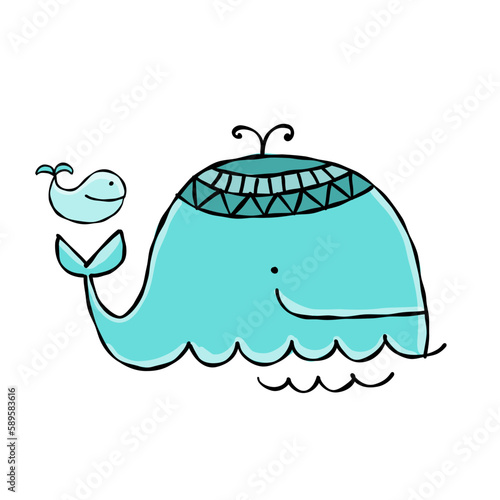 Funny wild whale character. Childish style icon, turquoise colors. Isolated o...