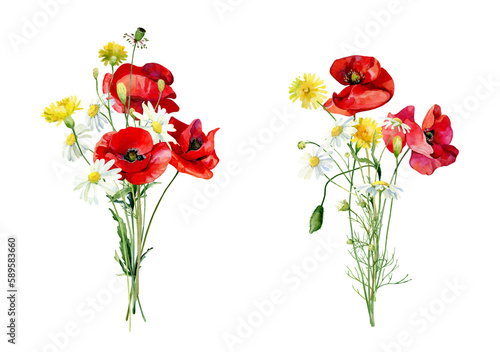 Watercolor bouquets of poppies, daisies