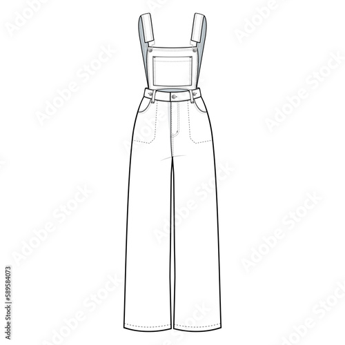 Detachable Denim Overalls Pants fashion flat technical drawing template. Dungarees technical fashion Illustration, front view, white, CAD mockup set.