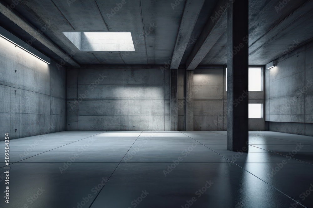 Interior of a modern empty room with concrete walls and concrete floor. Light from the window, Generative Ai