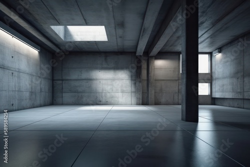 Interior of a modern empty room with concrete walls and concrete floor. Light from the window  Generative Ai