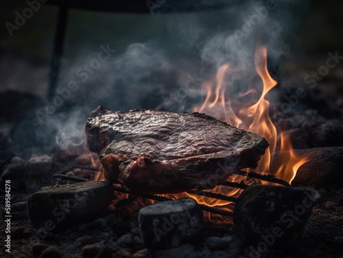 A beautiful steak being cooked to perfection over an open flame in the great outdoors. The flames lick up the sides of the grill, searing the meat to a perfect medium-rare. AI