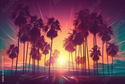 Digital composite of Silhouette of palm trees against road and sunset  Generative Ai