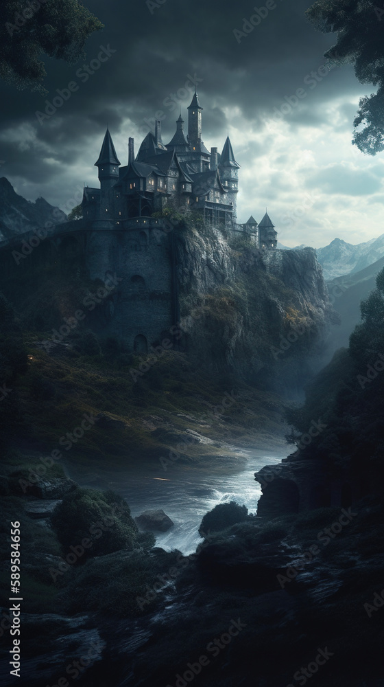 Dark fantasy castle in the mountains. AI