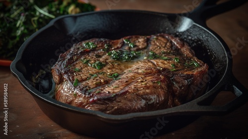 A beautiful steak being cooked to perfection on a pan. AI-generated image