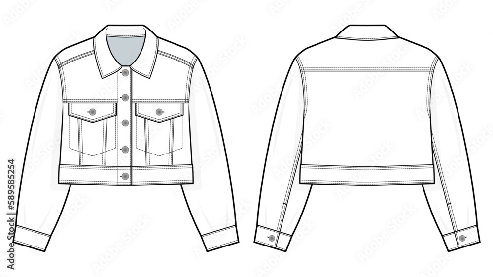 Cropped Denim jacket fashion technical drawing template. Denim jacket