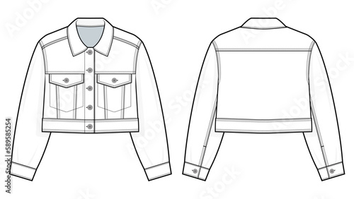 Cropped Denim jacket fashion technical drawing template. Denim jacket technical fashion Illustration, front, and back view, white, CAD mockup set.