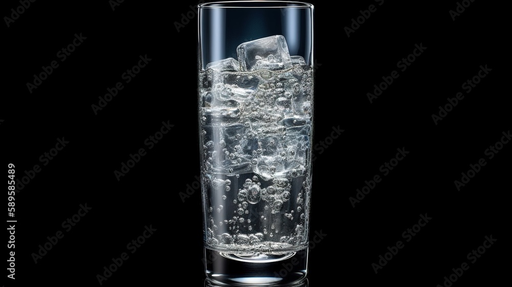 Fresh sparkling water cool and ice cube in glass tall on dark blurred background. AI generated Fresh sparkling water cool and ice cube in glass tall on dark blurred background. AI generated