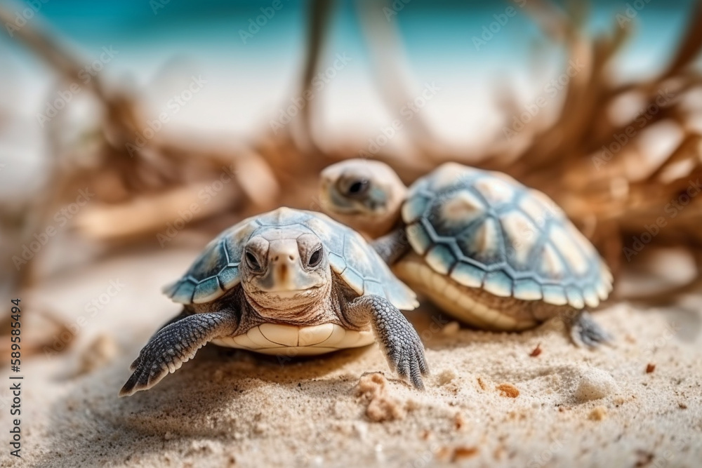 turtles hatched from eggs on the beach and crawl to the ocean. Generative AI
