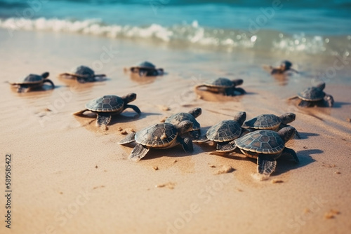 Canvas-taulu Many baby turtles on the sandy beach and crawl to the ocean