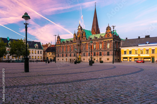 Stora Torget main square in the old city of Malmo in Sweden by sunset