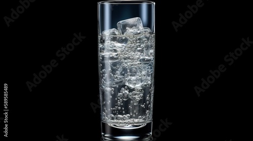 Fresh sparkling water cool and ice cube in glass tall on dark blurred background. AI generated