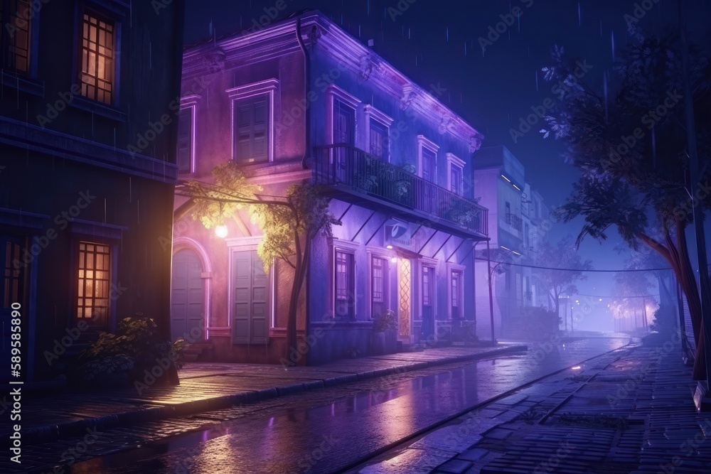 A street scene with a purple light up the scene, in the style of hauntingly beautiful illustrations, a Night scene of a street in the old town. Generative Ai