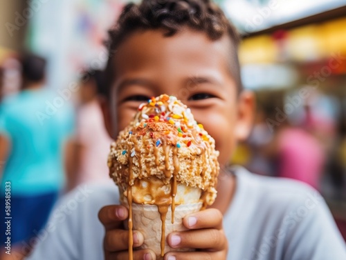 A smiling child holds ice cream on a hot summer day. Ice cream in a waffle cone. A happy and contented child at summer. Fictional kid generated by AI