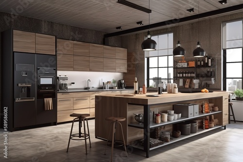 New modern kitchen interior | 3d rendering of a wooden Scandinavian kitchen with white bricks | White and Neutral Contemporary Kitchen | elegant contemporary kitchen room interior, Generative AI