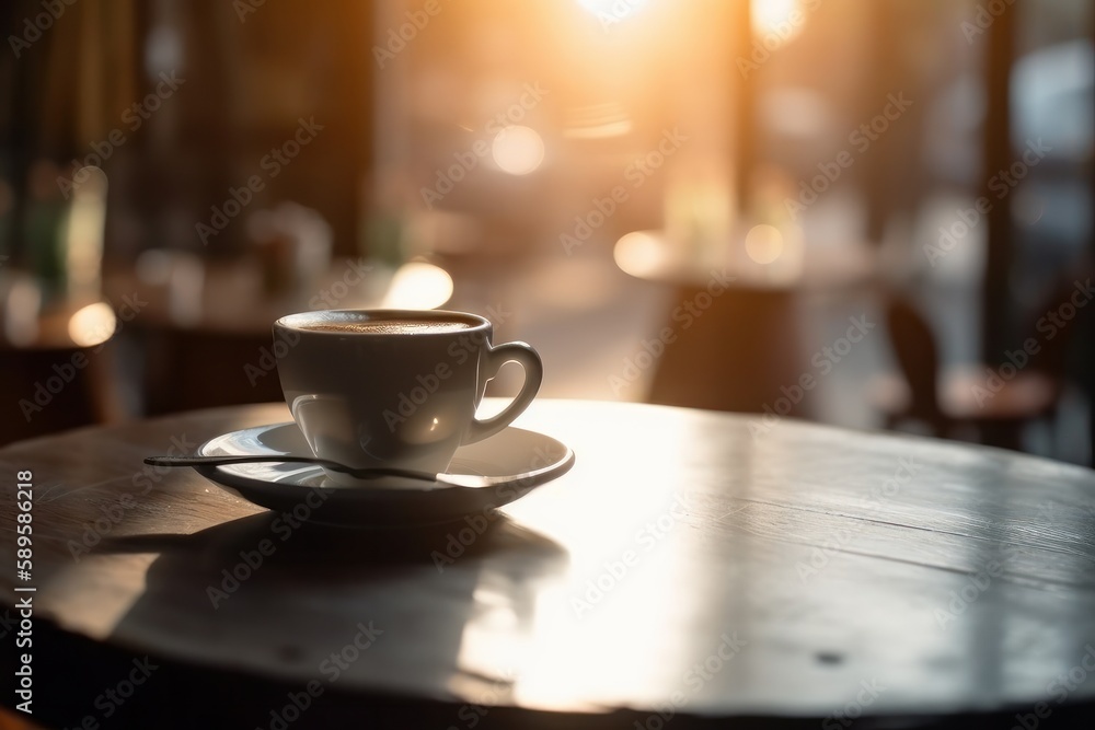 Coffee cup on wooden table in a coffee shop with sunlight, Generative Ai Coffee cup on wooden table in a coffee shop with sunlight, Generative Ai