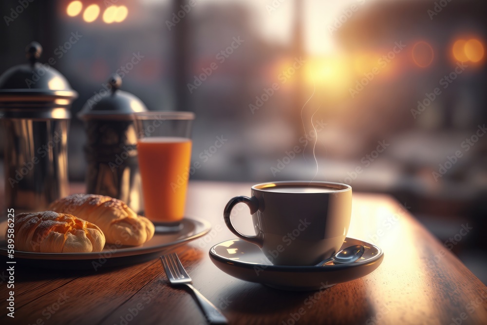 Cup of coffee and croissants on wooden table in cafe, with breakfast and orange juice, generative Ai Cup of coffee and croissants on wooden table in cafe, with breakfast and orange juice, generative Ai