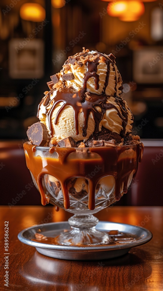 Delicious vanilla and chocolate ice cream sundae with chocolate sauce in a tall glass on wooden counter, close up side view. 