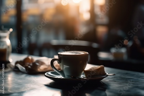 Coffee cup on wooden table in coffee shop with sunlight, Generative Ai