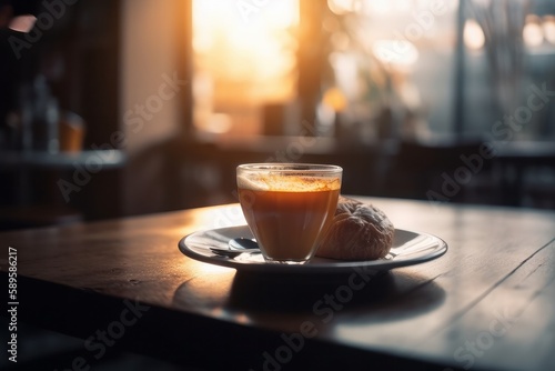 Coffee cup on wooden table in a coffee shop with sunlight background, Generative Ai