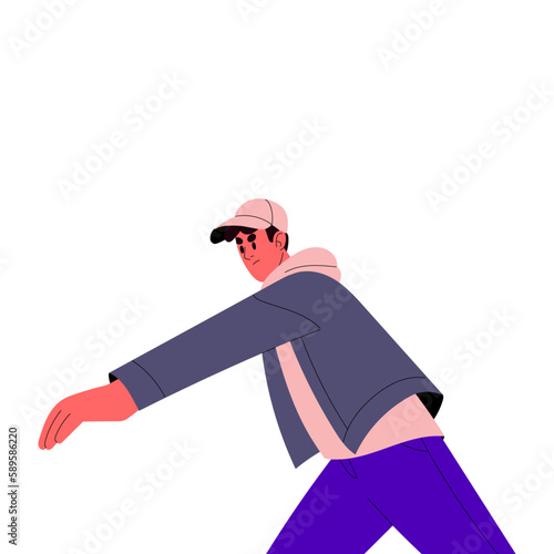 Angry protester. Aggressive frowning activist, street hooligan in action. Irritated vandal fighting, throwing smth, protesting with anger. Flat vector illustration isolated on white background