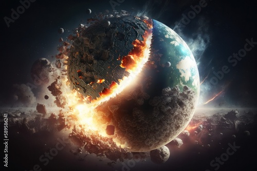 Fractal 3d rendering of an asteroid in space.  space blast scene, in the style of destroyed gadgets sculptures, dramatic atmospheric perspective, spherical sculpture, Generative Ai photo