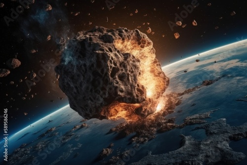 An asteroid hitting the earth, falling from the sky, causing a huge impact, in the style of photorealistic pastiche, eroded surfaces, abstract expressionist explosions, Generative Ai