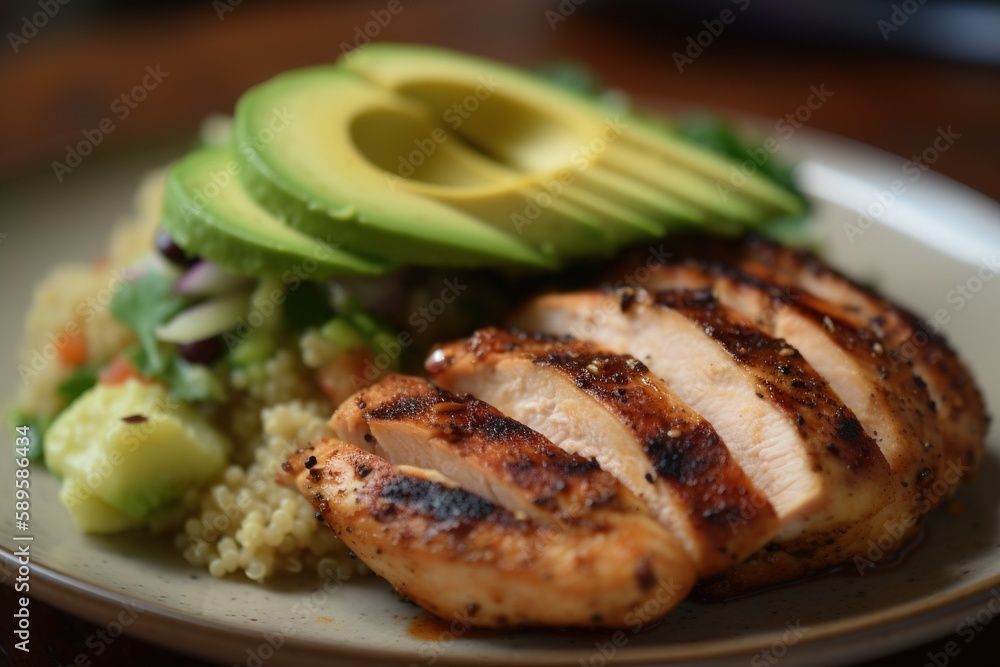 Marinated grilled healthy chicken breasts cooked on a summer BBQ and served with fresh avocado and vegetables, close up view. AI generated Marinated grilled healthy chicken breasts cooked on a summer BBQ and served with fresh avocado and vegetables, close up view. AI generated