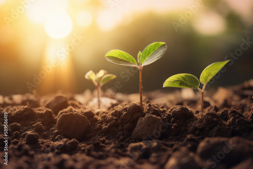 Lush greenery of a garden features a group of young plants with vibrant leaves, stems, and roots, showcasing the beauty of the progress of healthy growth. ecological wellness. Generative AI.