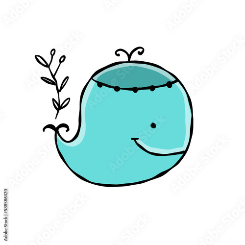 Funny wild whale character. Childish style icon, turquoise colors. Isolated o...