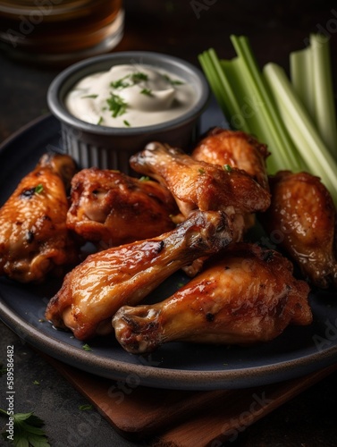Grilled chicken wings served with a side of homemade sauce. AI generated