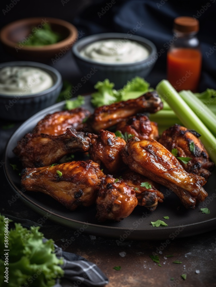Grilled chicken wings served with a side of homemade sauce. AI generated