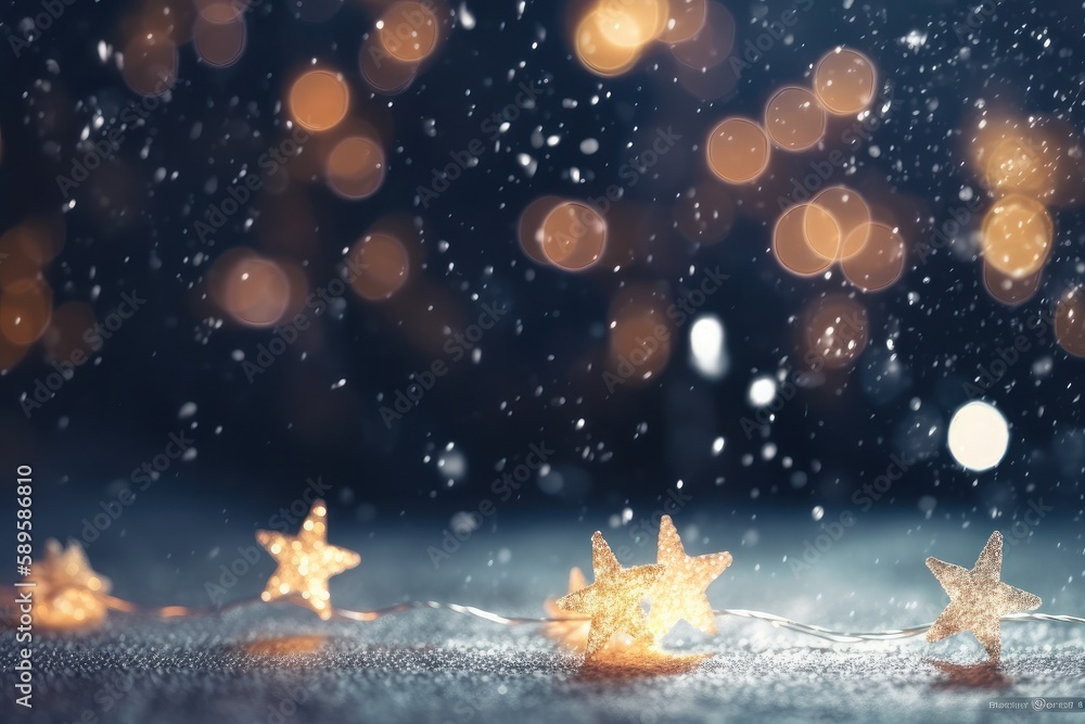 Fototapeta premium Christmas decoration background with snow, golden stars and bokeh lights on a dark background, Festive holiday and snow concept, Generative Ai