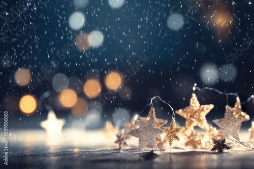 Christmas decoration background with snow, golden stars and bokeh lights on a dark background, Festive holiday and snow concept, Generative Ai